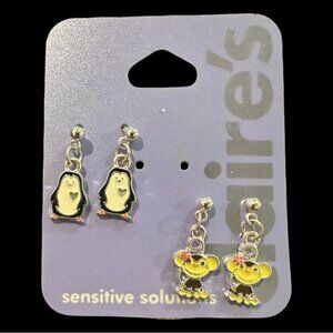 Claires Sensitive Solutions Penguin & Monkey Dangle Earrings Set For Kids Silver